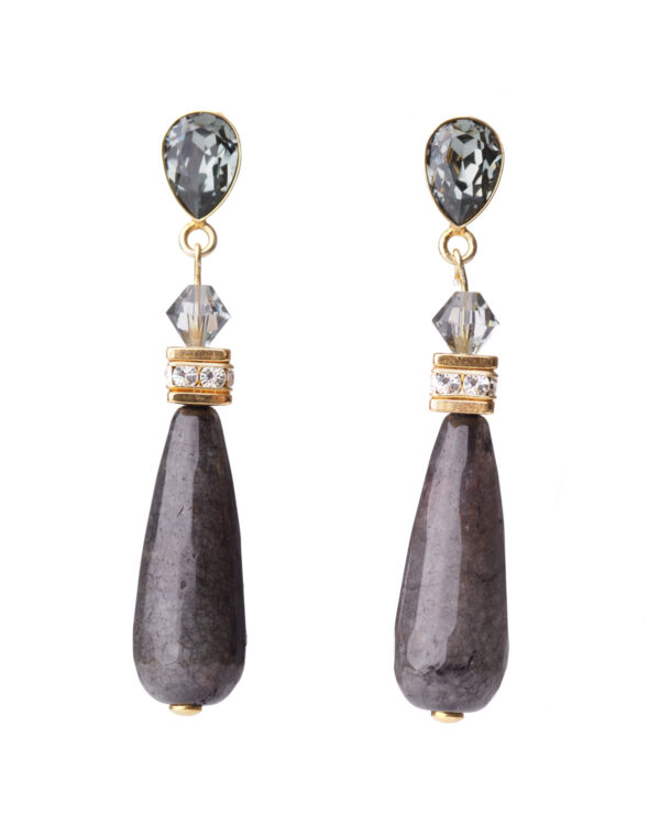 Black Drop Silver Earrings with Pear Stud Posts and Crystal Accents